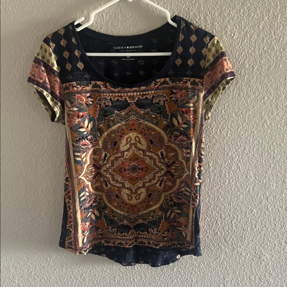 Lucky Brand Women's Short Sleeve Boho Tee - Navy and Gold XS